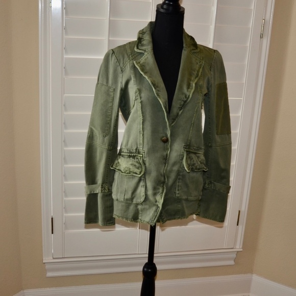 Free People Olive Green One Button Denim Jacket - Picture 1 of 11